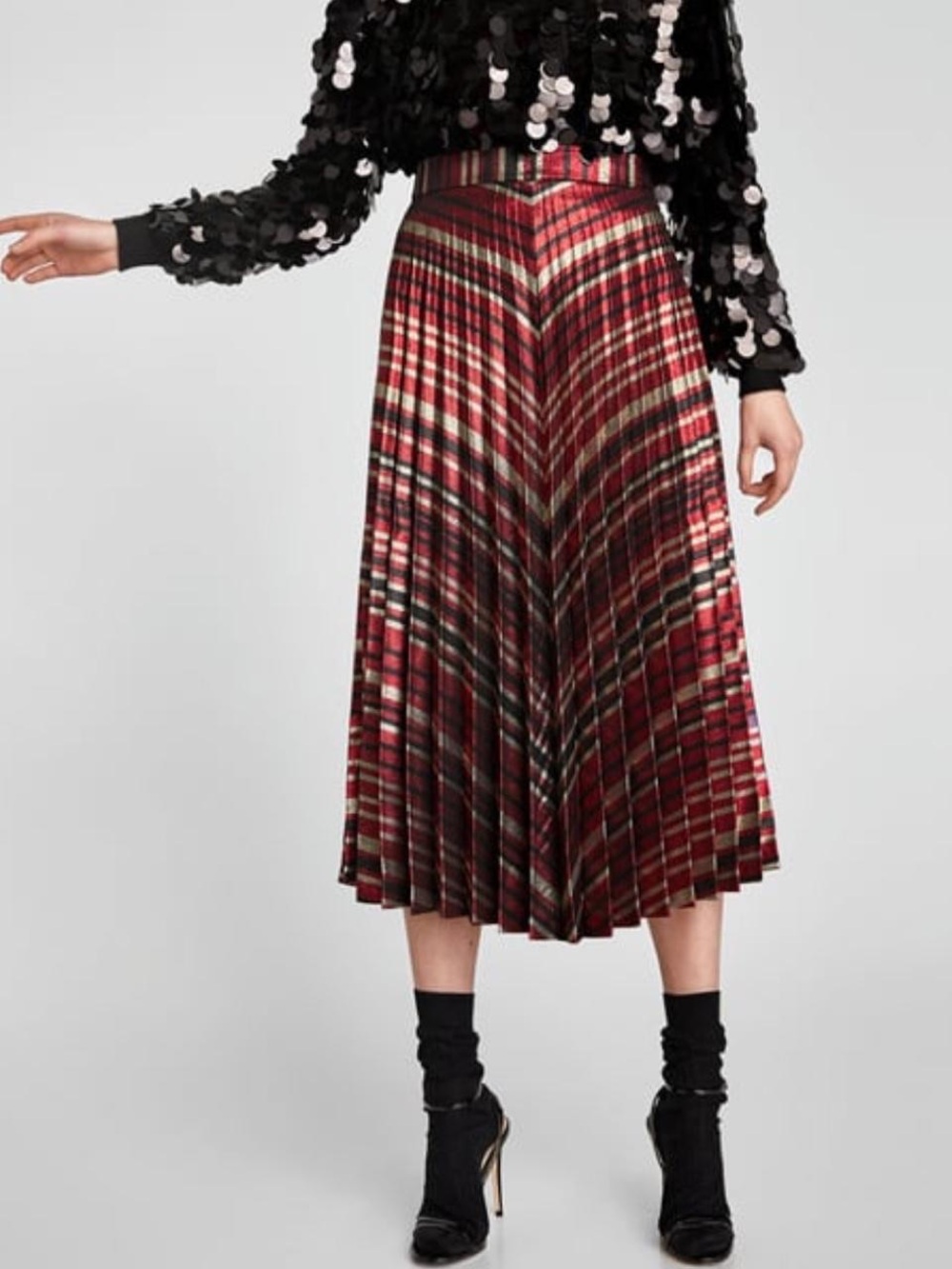 Zara Claret Red & Black Striped Metallic Pleated Midi Skirt